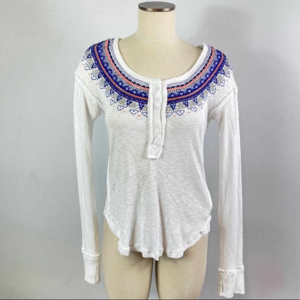 Free People Fair Isle Boho Embroidered Thermal White Small